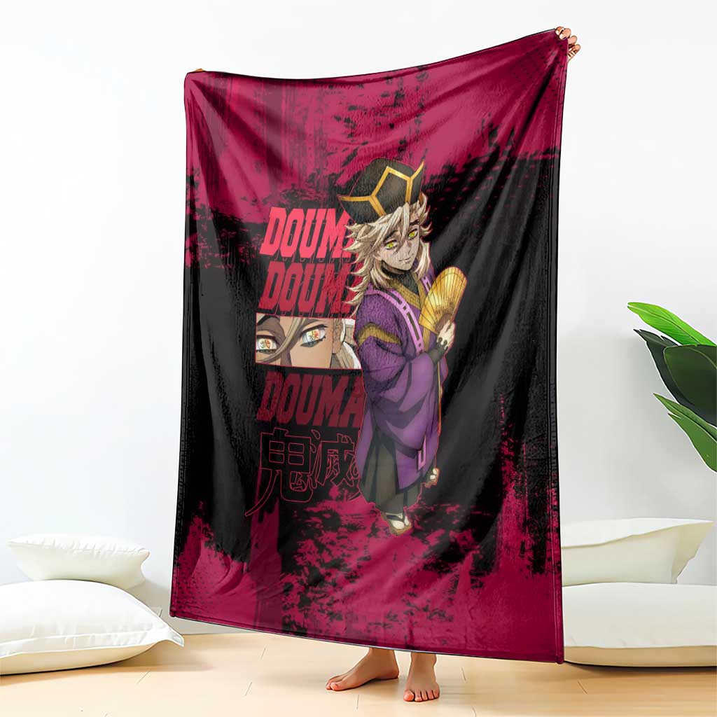 Douma Demon Slayer Red Grunge Design Blanket with Fan Pose and Piercing Eyes Detail - The Mazicc