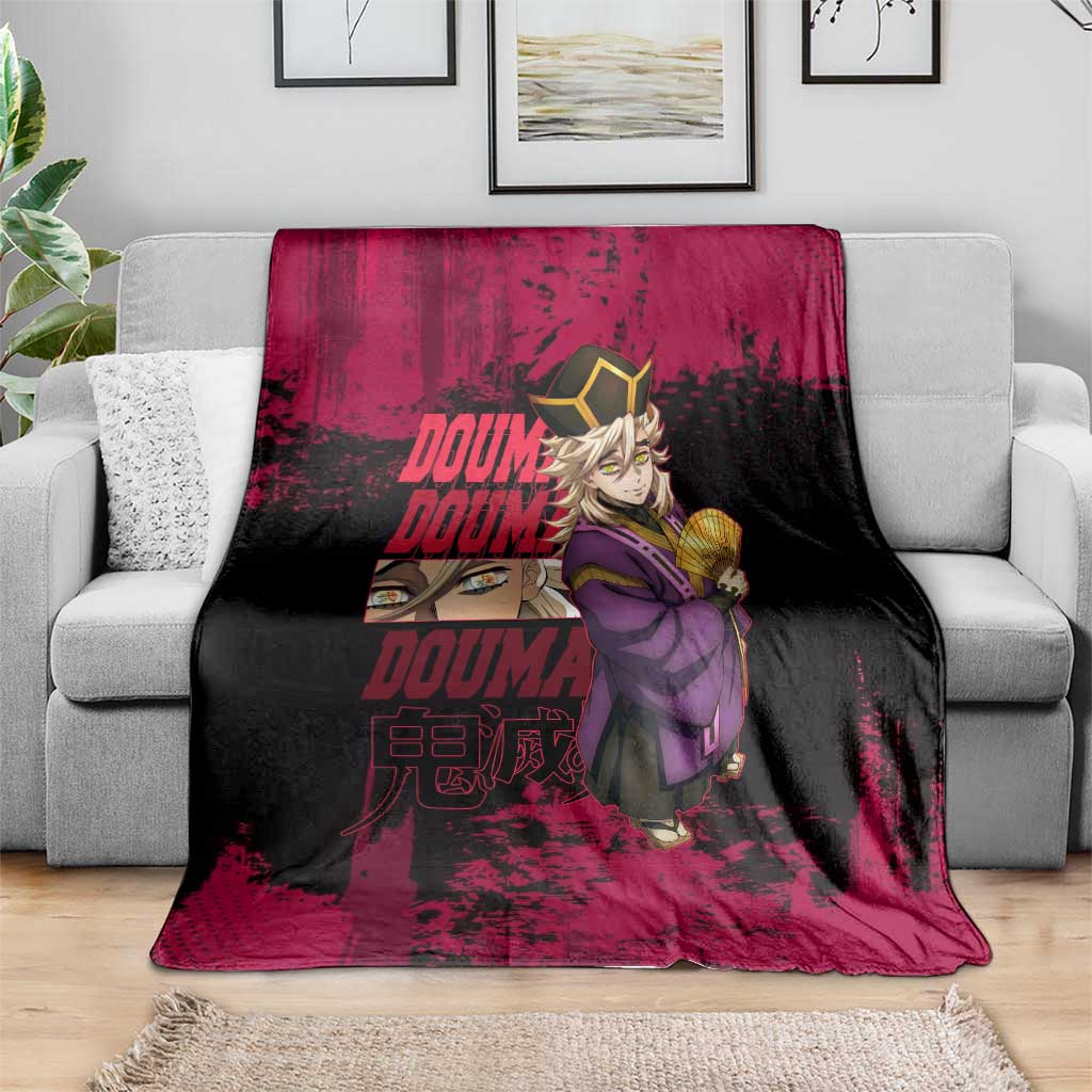 Douma Demon Slayer Red Grunge Design Blanket with Fan Pose and Piercing Eyes Detail - The Mazicc