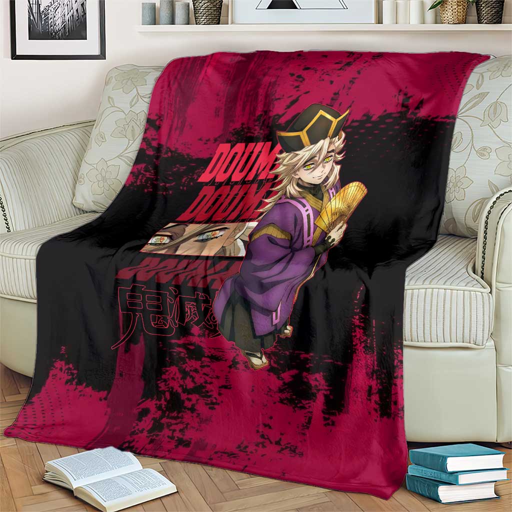 Douma Demon Slayer Red Grunge Design Blanket with Fan Pose and Piercing Eyes Detail - The Mazicc