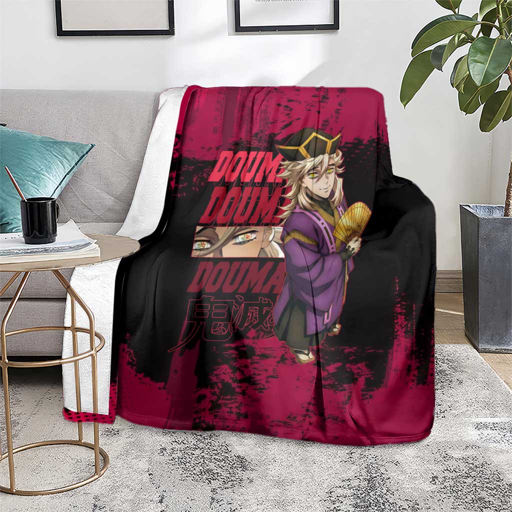 Douma Demon Slayer Red Grunge Design Blanket with Fan Pose and Piercing Eyes Detail - The Mazicc