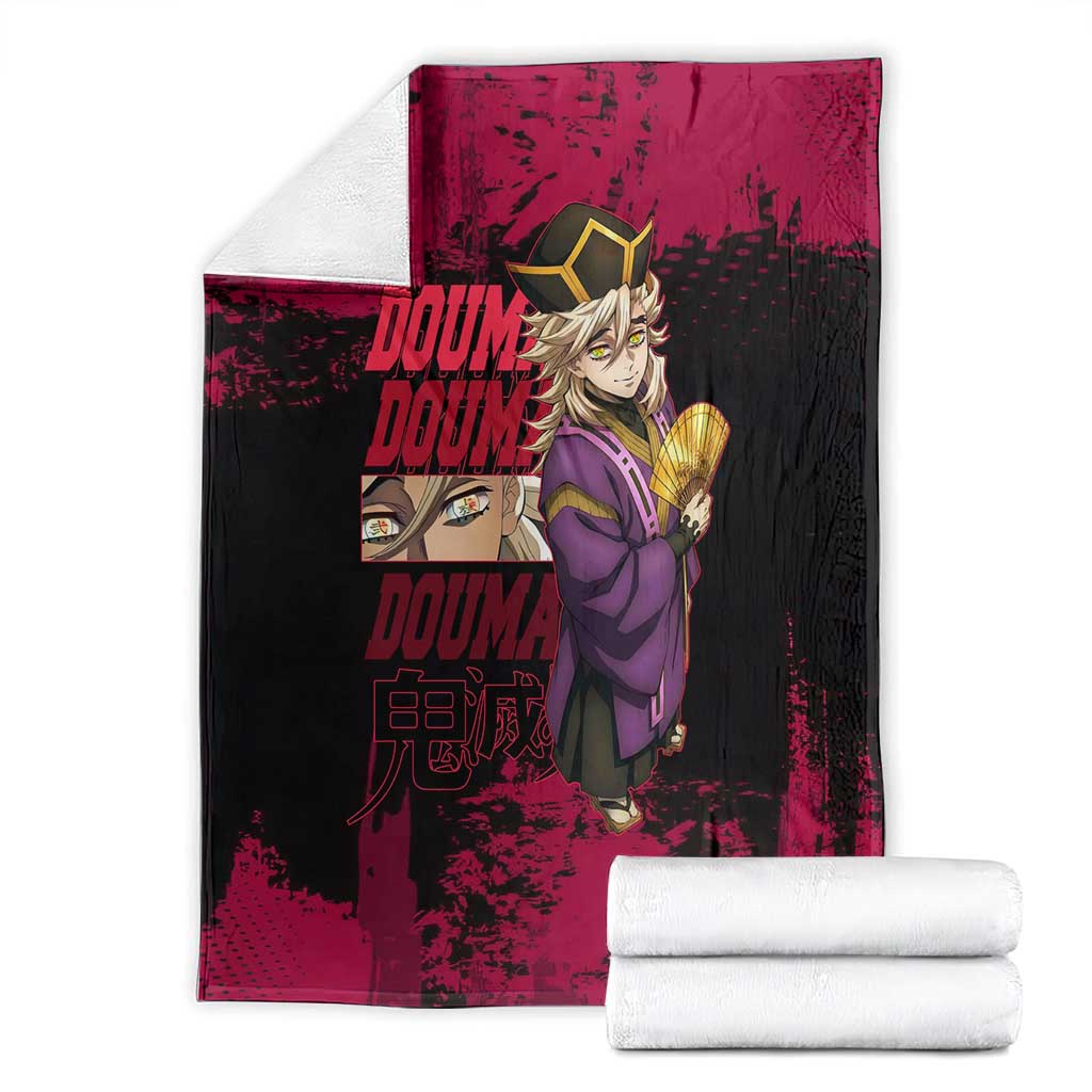 Douma Demon Slayer Red Grunge Design Blanket with Fan Pose and Piercing Eyes Detail - The Mazicc