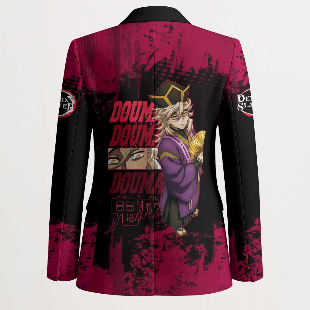 Douma Demon Slayer Red Grunge Design Blazer with Fan Pose and Piercing Eyes Detail - The Mazicc
