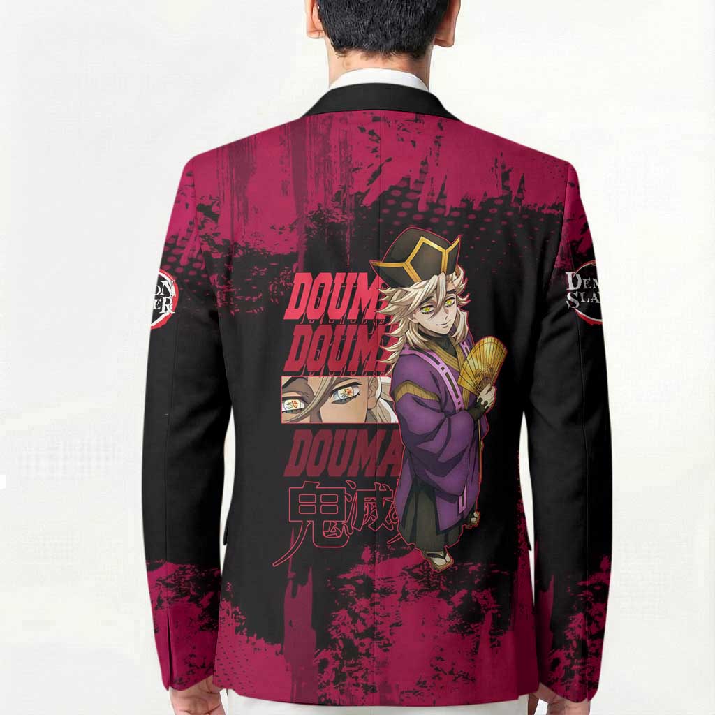 Douma Demon Slayer Red Grunge Design Blazer with Fan Pose and Piercing Eyes Detail - The Mazicc
