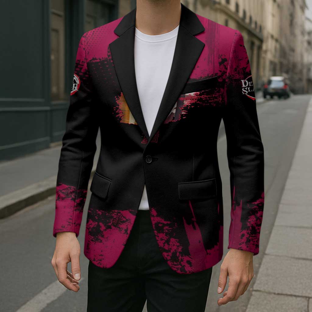 Douma Demon Slayer Red Grunge Design Blazer with Fan Pose and Piercing Eyes Detail - The Mazicc