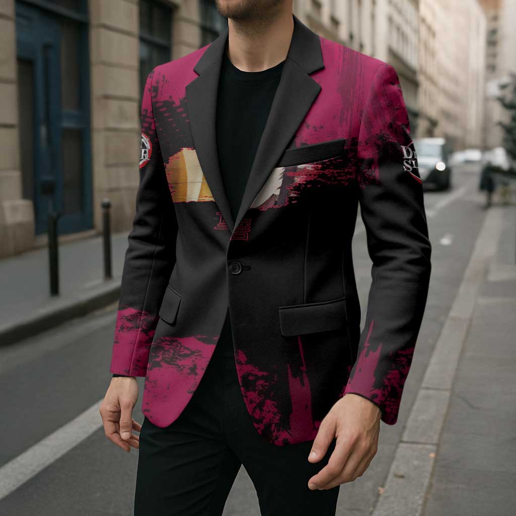 Douma Demon Slayer Red Grunge Design Blazer with Fan Pose and Piercing Eyes Detail - The Mazicc