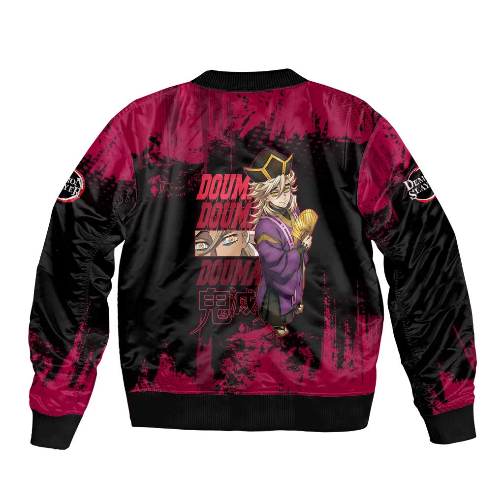 Douma Demon Slayer Red Grunge Design Bomber Jacket with Fan Pose and Piercing Eyes Detail - The Mazicc