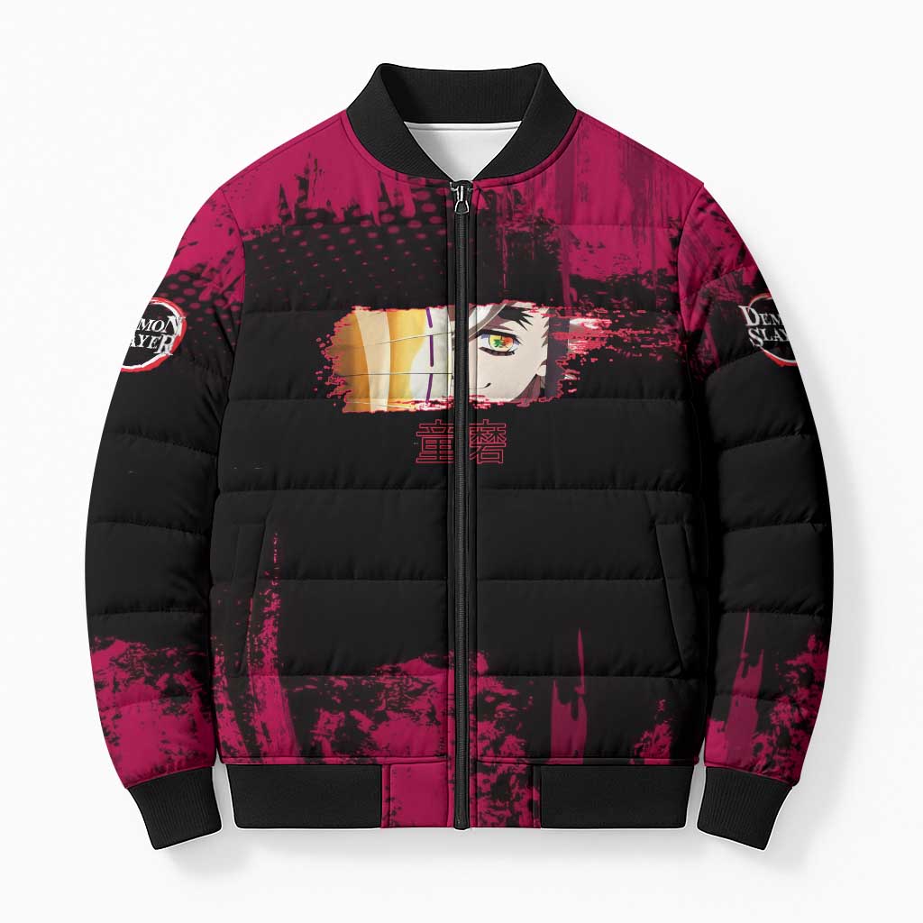 Douma Demon Slayer Red Grunge Design Bomber Puffer Jacket with Fan Pose and Piercing Eyes Detail - The Mazicc