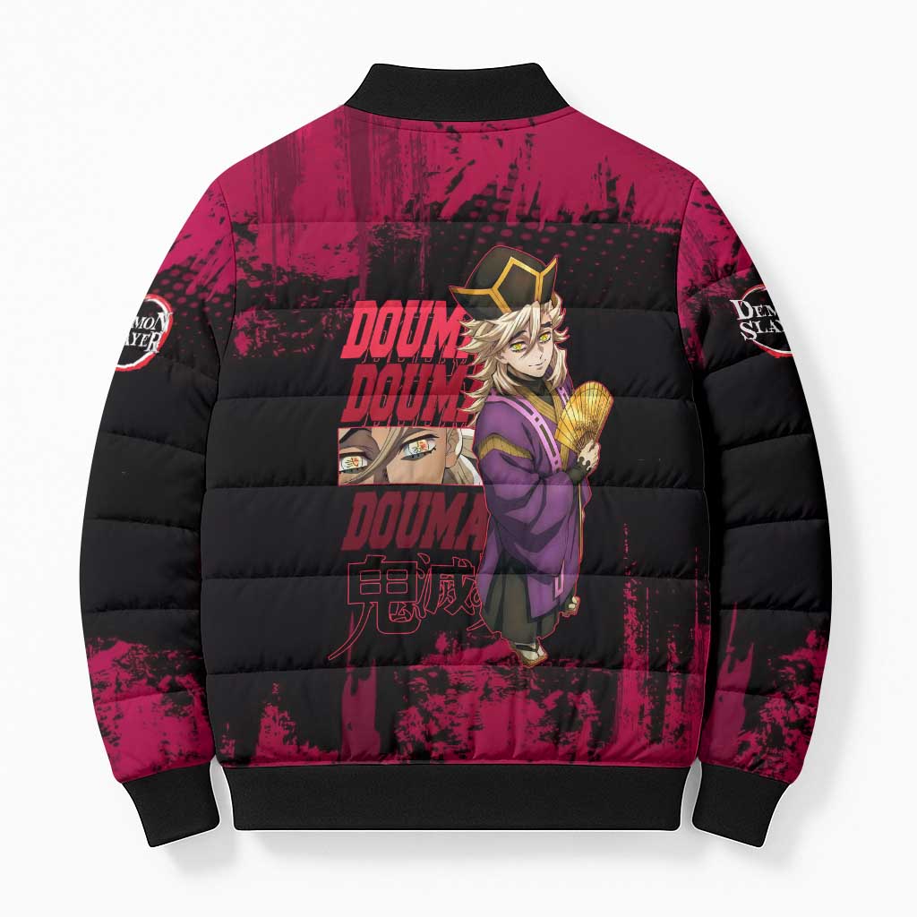 Douma Demon Slayer Red Grunge Design Bomber Puffer Jacket with Fan Pose and Piercing Eyes Detail - The Mazicc