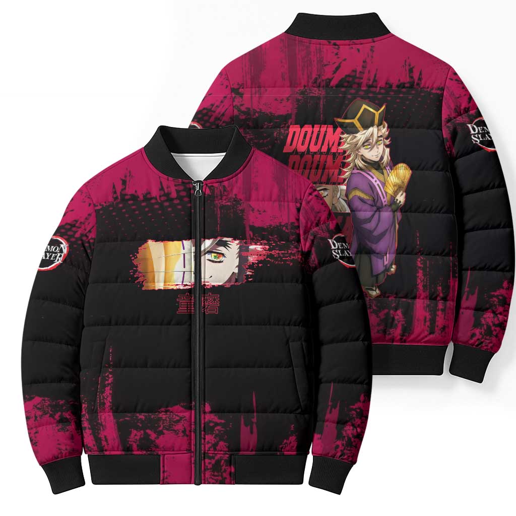 Douma Demon Slayer Red Grunge Design Bomber Puffer Jacket with Fan Pose and Piercing Eyes Detail - The Mazicc