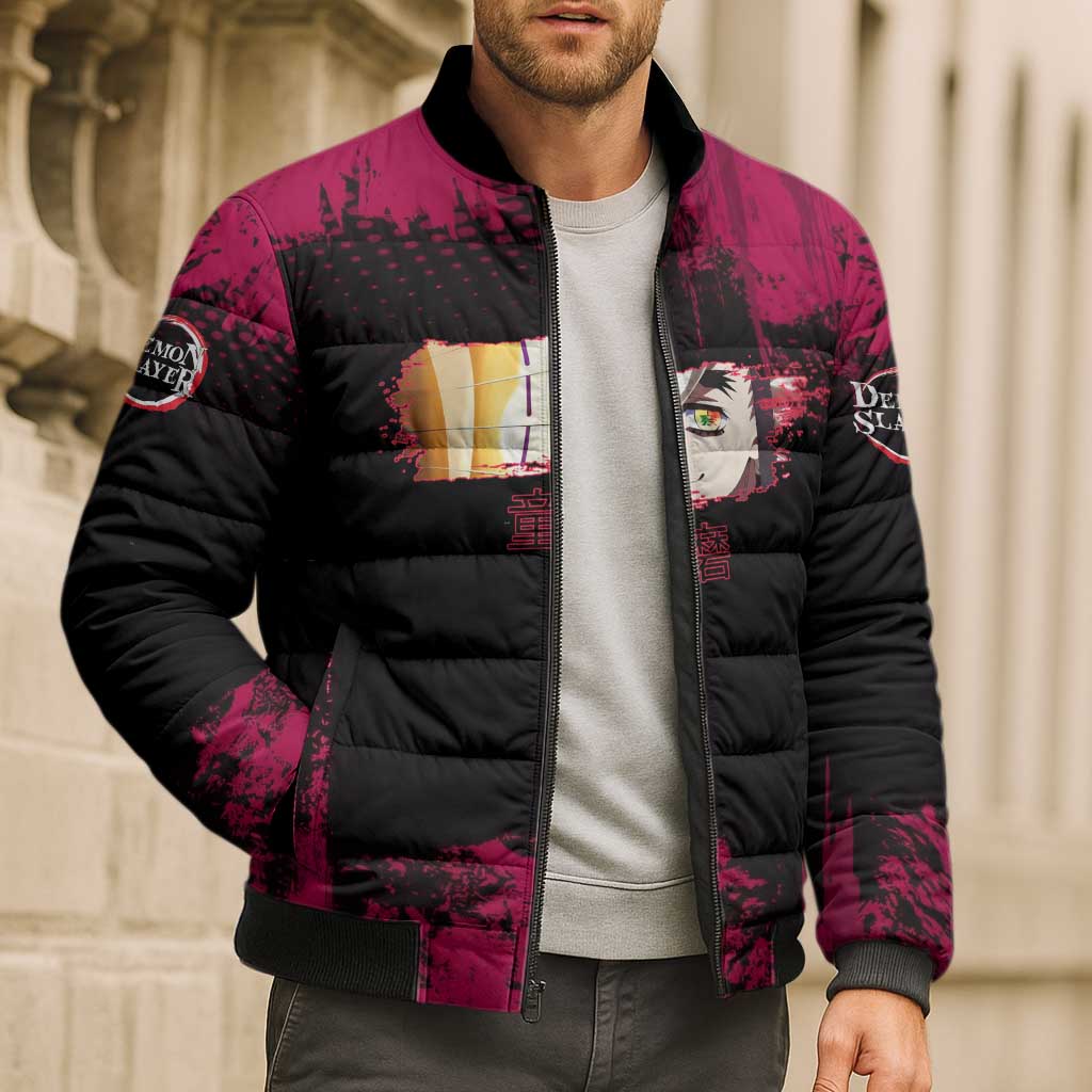Douma Demon Slayer Red Grunge Design Bomber Puffer Jacket with Fan Pose and Piercing Eyes Detail - The Mazicc