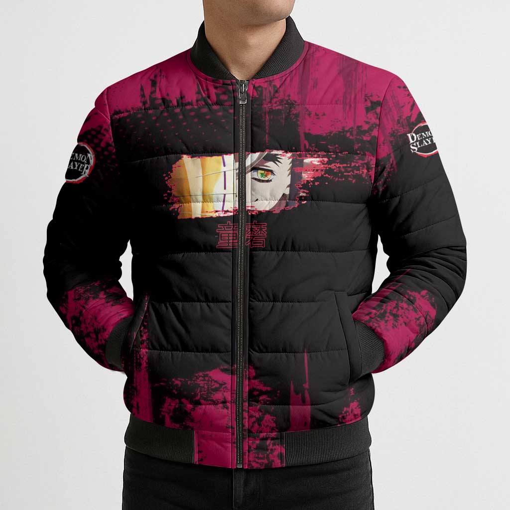Douma Demon Slayer Red Grunge Design Bomber Puffer Jacket with Fan Pose and Piercing Eyes Detail - The Mazicc