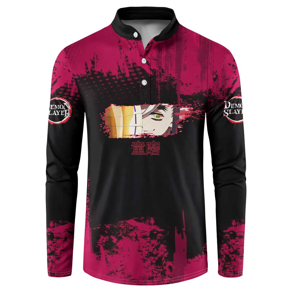 Douma Demon Slayer Red Grunge Design Button Sweatshirt with Fan Pose and Piercing Eyes Detail - The Mazicc