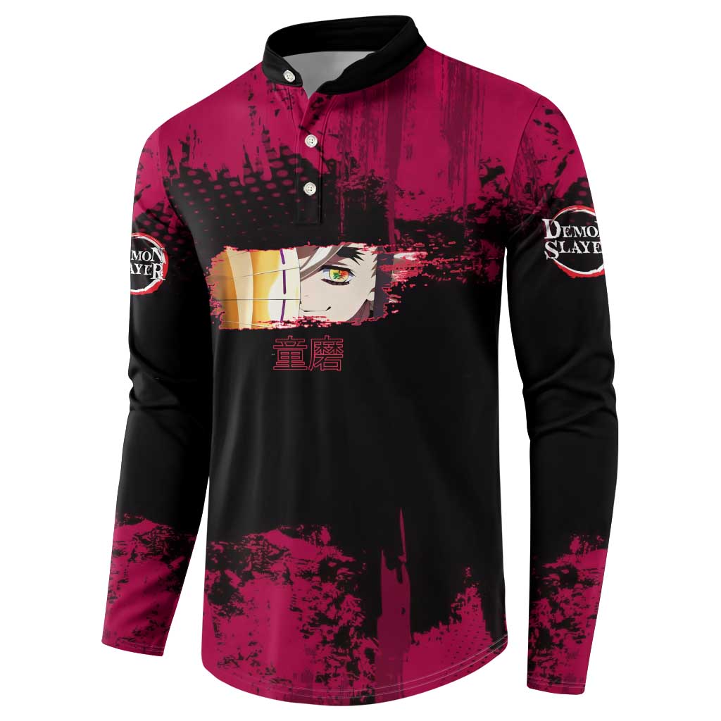 Douma Demon Slayer Red Grunge Design Button Sweatshirt with Fan Pose and Piercing Eyes Detail - The Mazicc