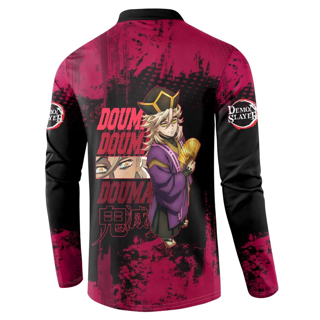 Douma Demon Slayer Red Grunge Design Button Sweatshirt with Fan Pose and Piercing Eyes Detail - The Mazicc