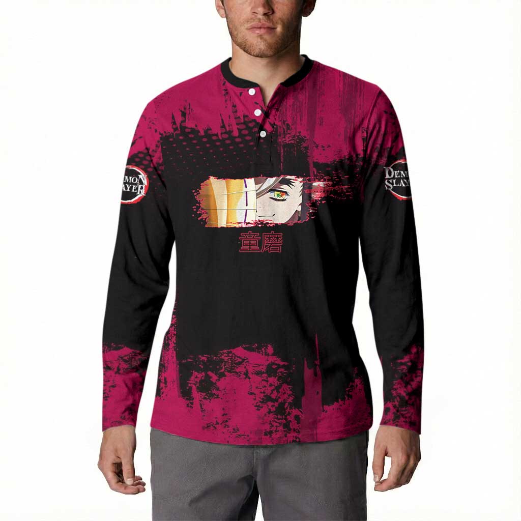 Douma Demon Slayer Red Grunge Design Button Sweatshirt with Fan Pose and Piercing Eyes Detail - The Mazicc