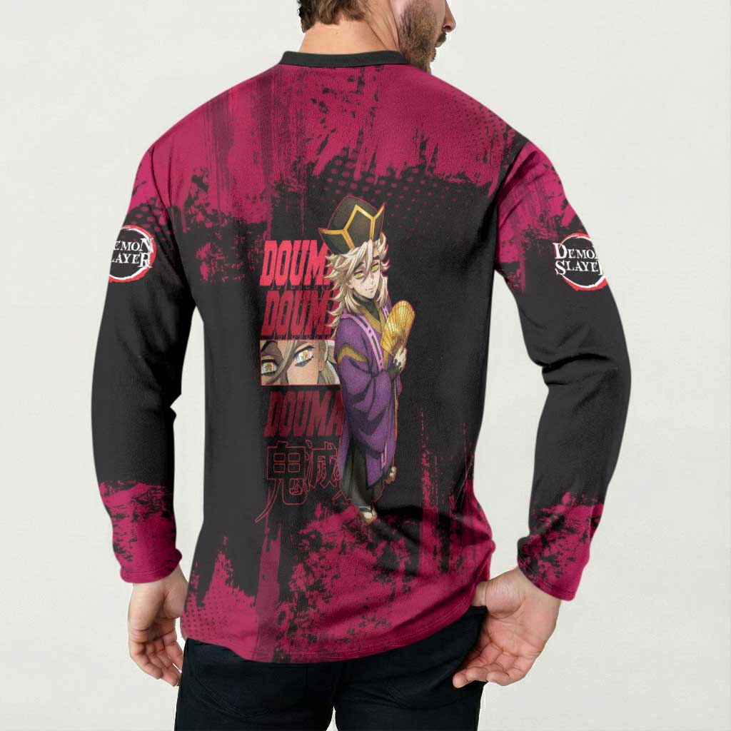 Douma Demon Slayer Red Grunge Design Button Sweatshirt with Fan Pose and Piercing Eyes Detail - The Mazicc