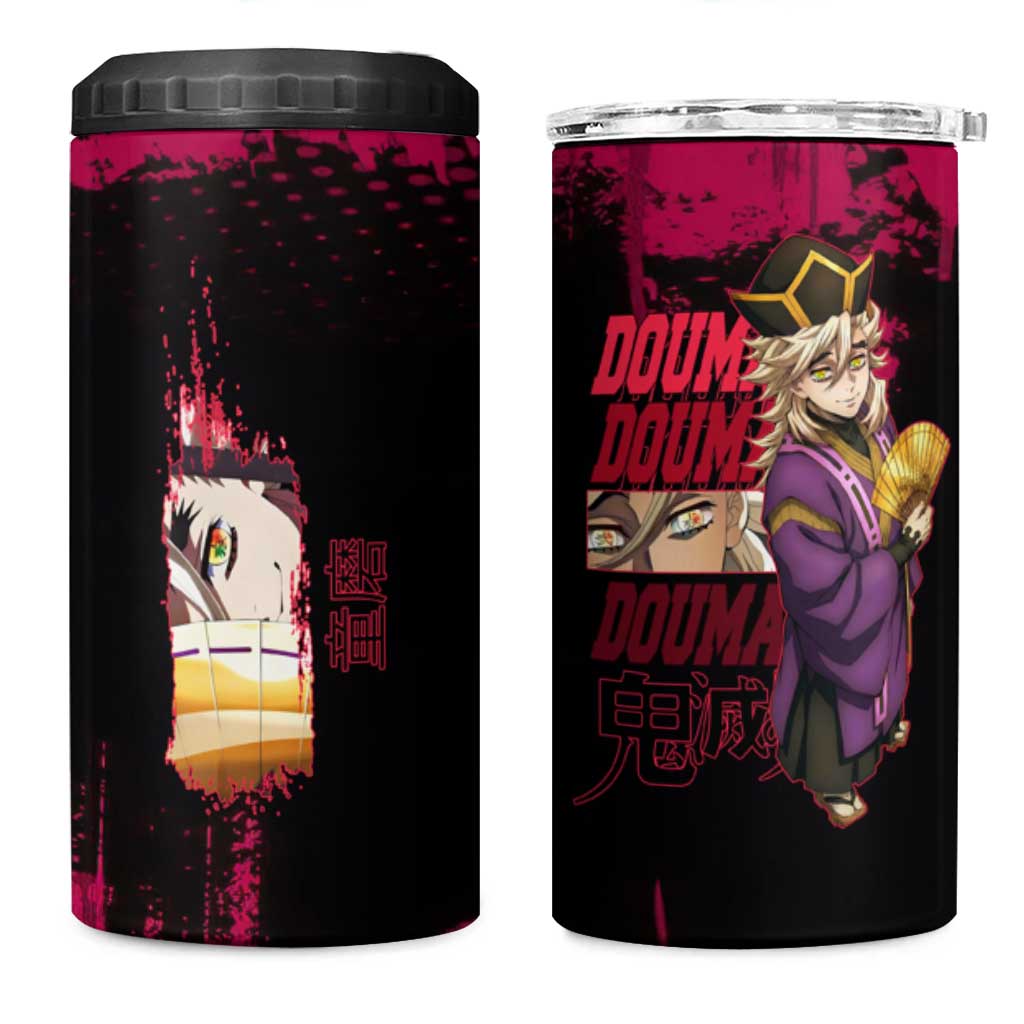 Douma Demon Slayer Red Grunge Design 4 in 1 Can Cooler Tumbler with Fan Pose and Piercing Eyes Detail - The Mazicc