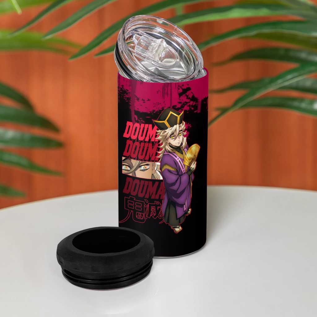 Douma Demon Slayer Red Grunge Design 4 in 1 Can Cooler Tumbler with Fan Pose and Piercing Eyes Detail - The Mazicc