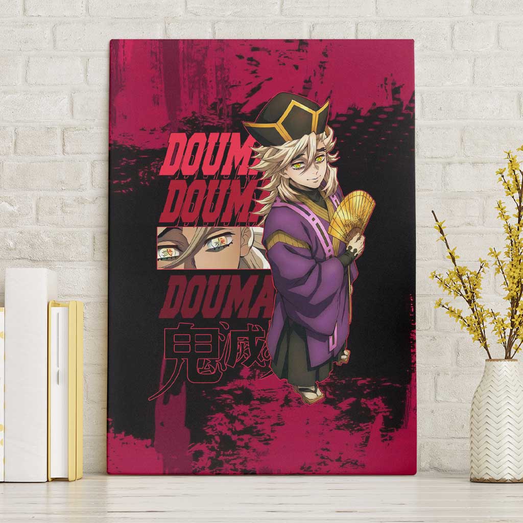 Douma Demon Slayer Red Grunge Design Canvas Wall Art with Fan Pose and Piercing Eyes Detail - The Mazicc