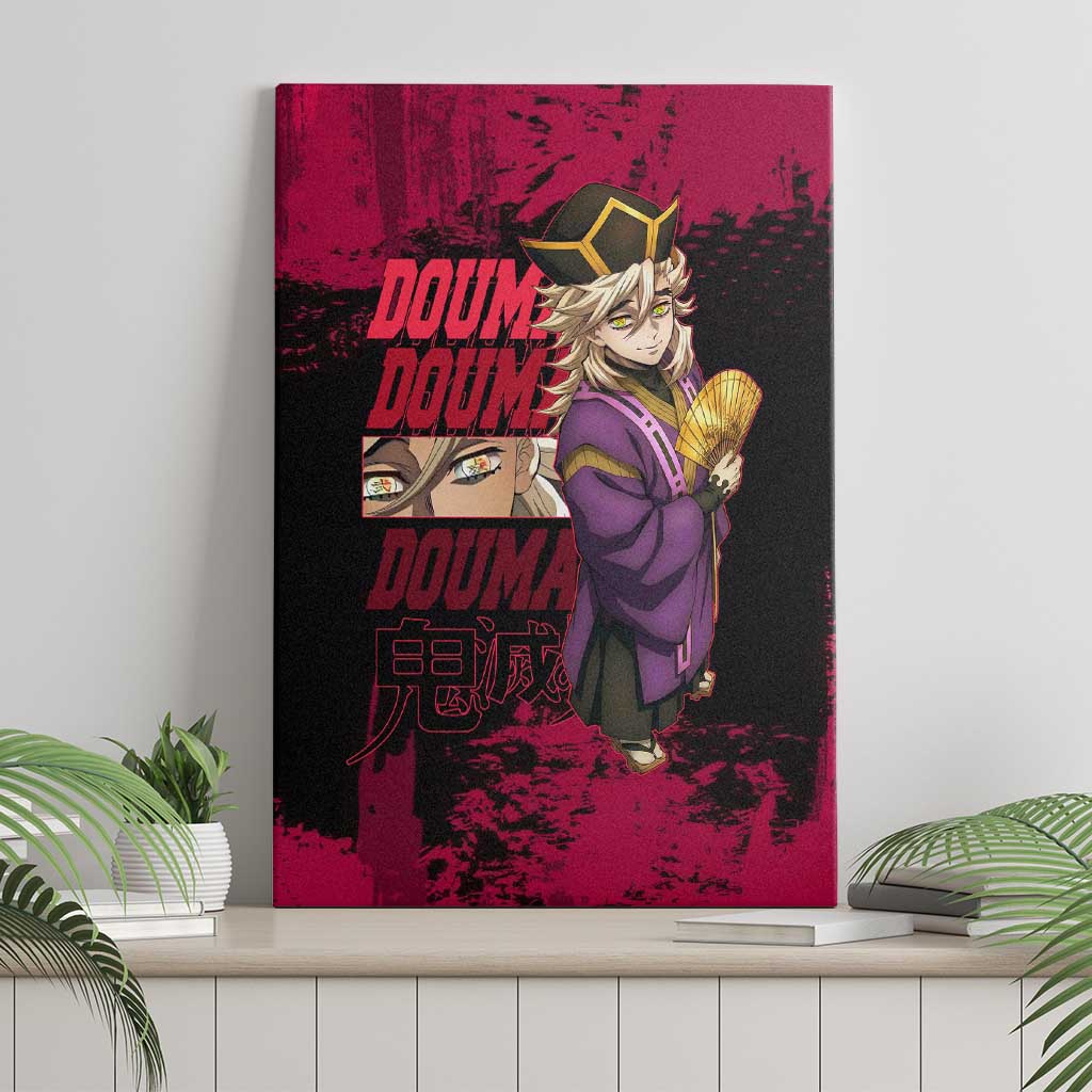 Douma Demon Slayer Red Grunge Design Canvas Wall Art with Fan Pose and Piercing Eyes Detail - The Mazicc