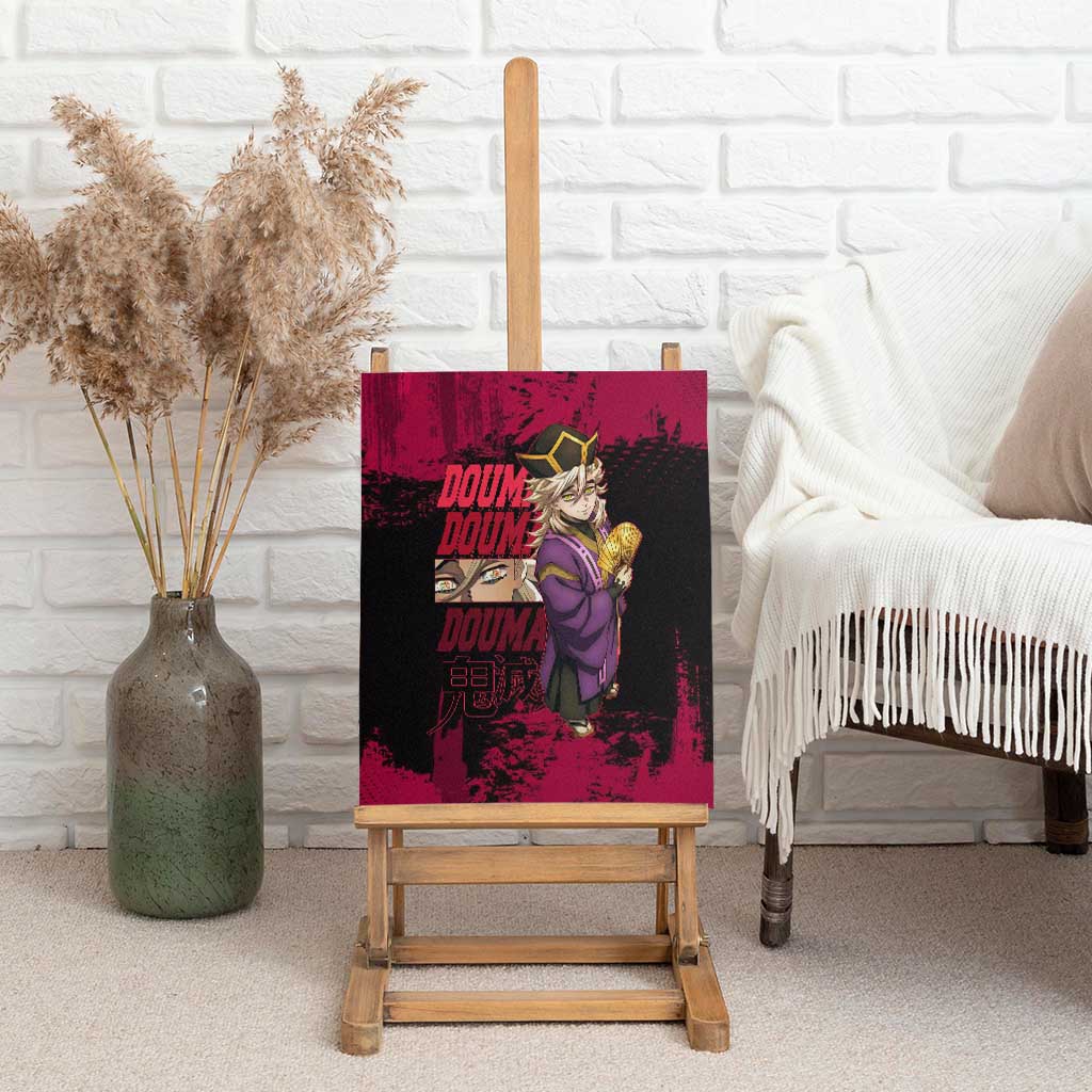 Douma Demon Slayer Red Grunge Design Canvas Wall Art with Fan Pose and Piercing Eyes Detail - The Mazicc