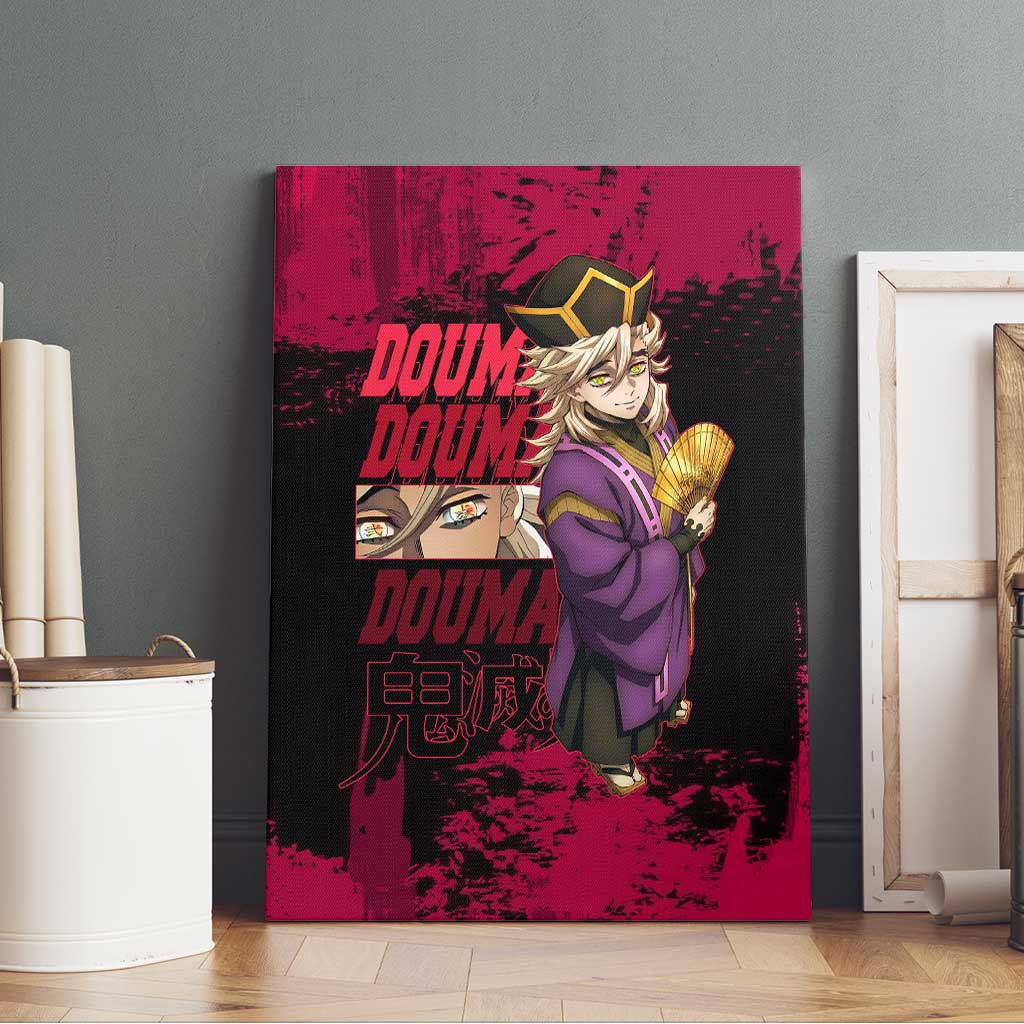 Douma Demon Slayer Red Grunge Design Canvas Wall Art with Fan Pose and Piercing Eyes Detail - The Mazicc