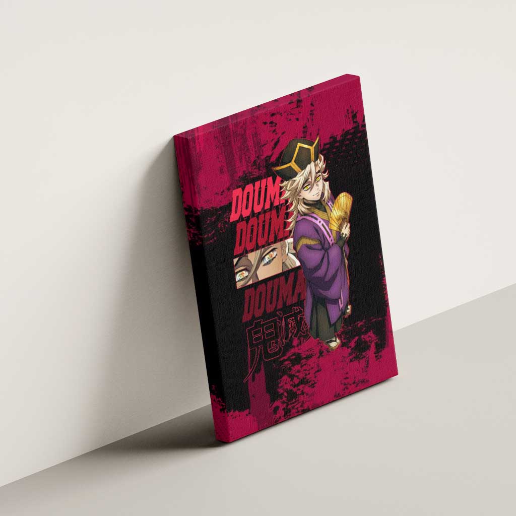 Douma Demon Slayer Red Grunge Design Canvas Wall Art with Fan Pose and Piercing Eyes Detail - The Mazicc