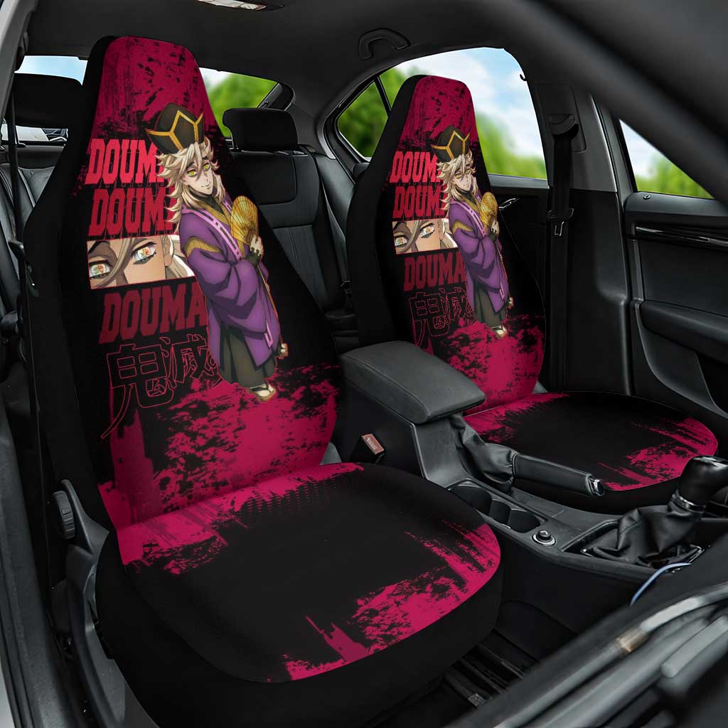 Douma Demon Slayer Red Grunge Design Car Seat Cover with Fan Pose and Piercing Eyes Detail - The Mazicc
