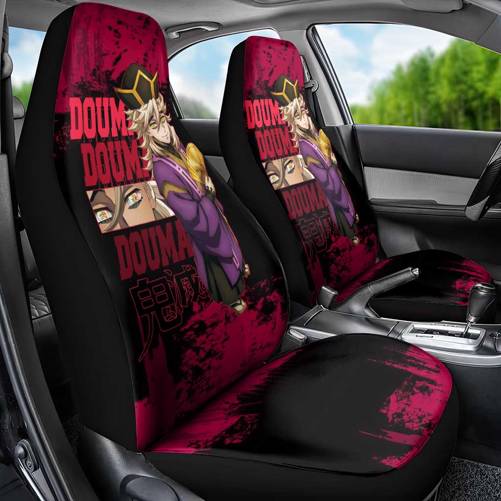Douma Demon Slayer Red Grunge Design Car Seat Cover with Fan Pose and Piercing Eyes Detail - The Mazicc