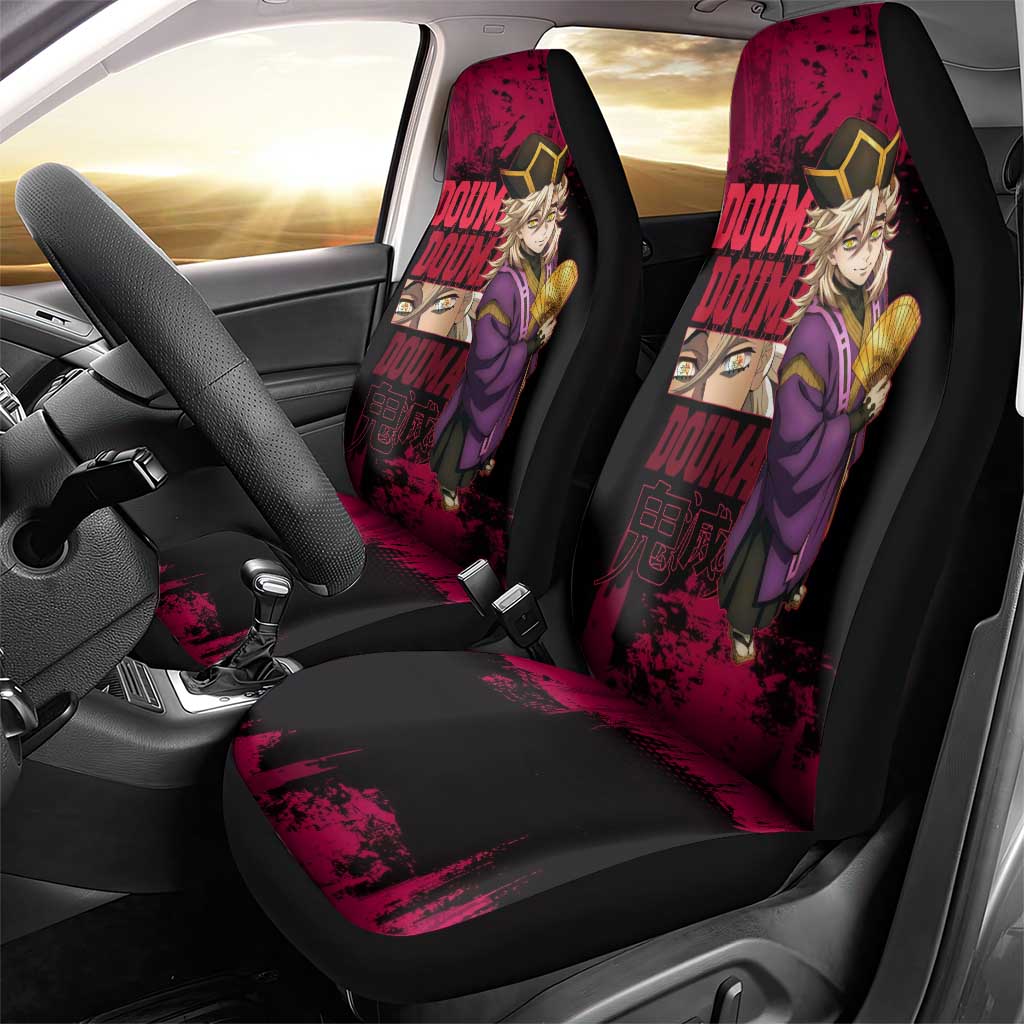 Douma Demon Slayer Red Grunge Design Car Seat Cover with Fan Pose and Piercing Eyes Detail - The Mazicc