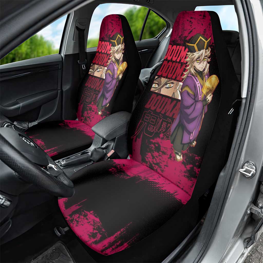Douma Demon Slayer Red Grunge Design Car Seat Cover with Fan Pose and Piercing Eyes Detail - The Mazicc