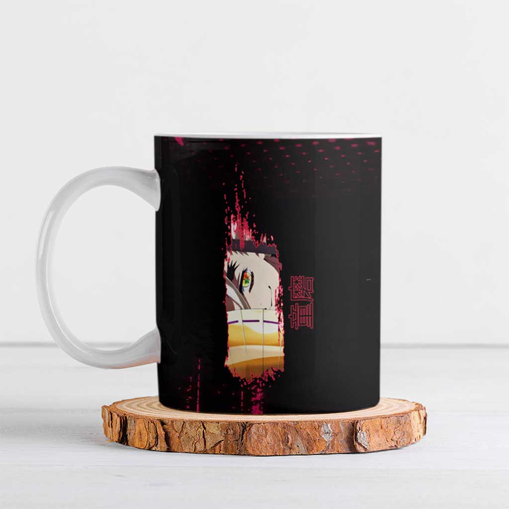 Douma Demon Slayer Red Grunge Design Ceramic Mug with Fan Pose and Piercing Eyes Detail - The Mazicc