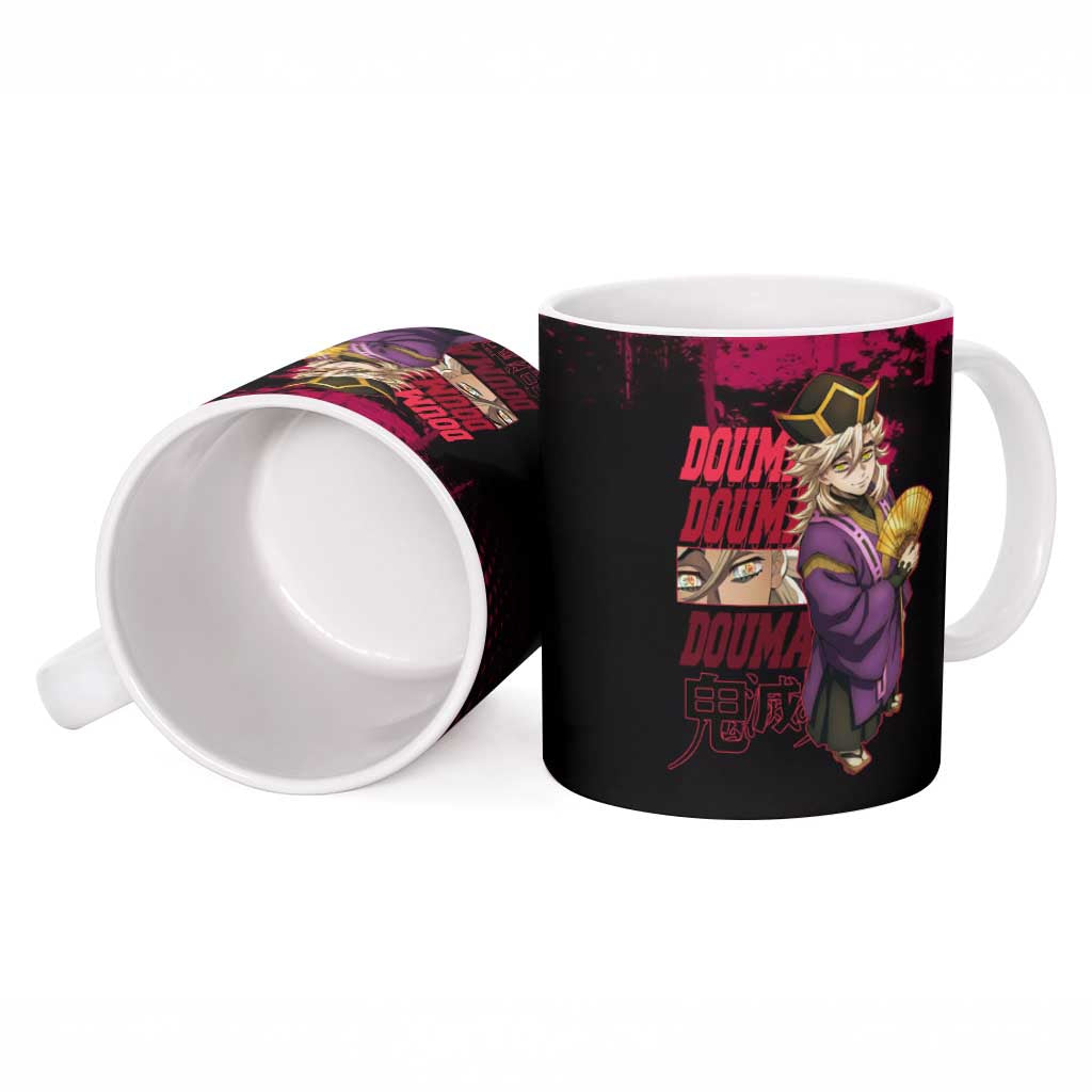 Douma Demon Slayer Red Grunge Design Ceramic Mug with Fan Pose and Piercing Eyes Detail - The Mazicc