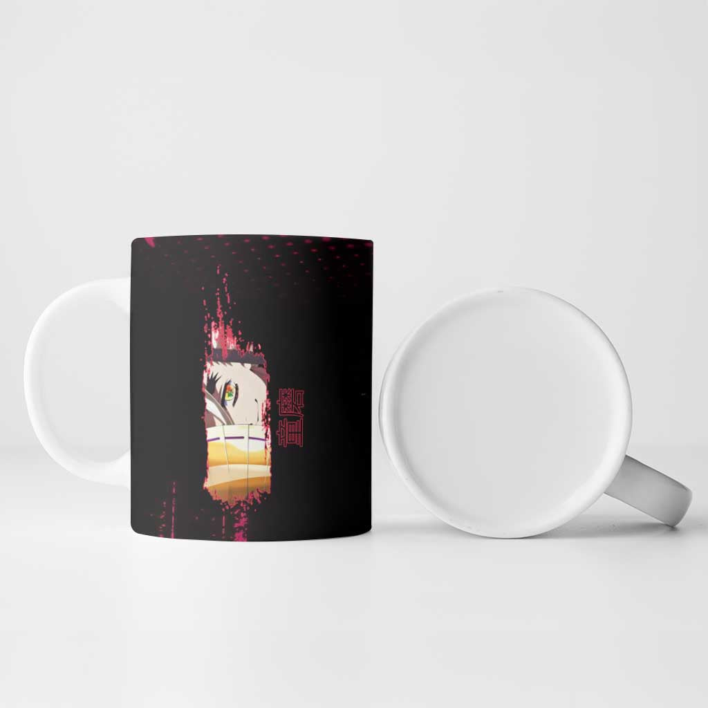 Douma Demon Slayer Red Grunge Design Ceramic Mug with Fan Pose and Piercing Eyes Detail - The Mazicc