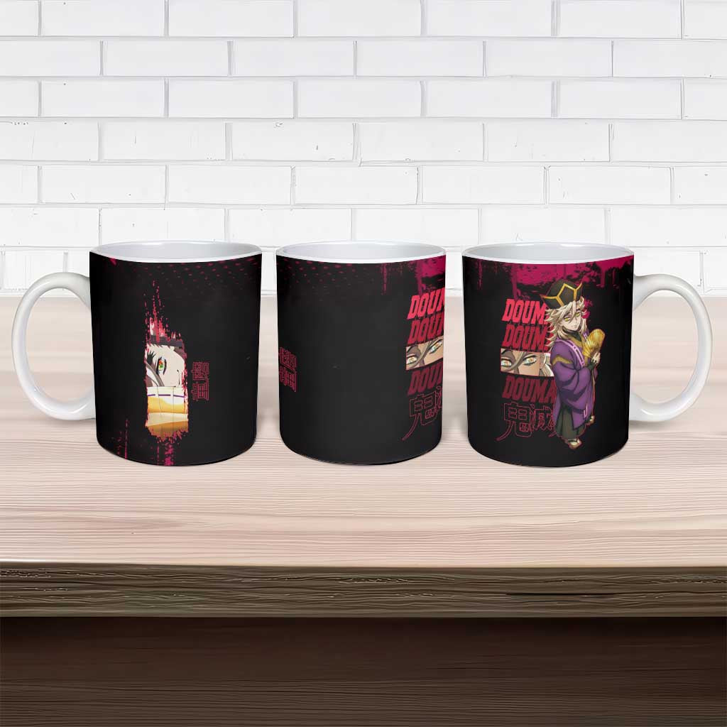Douma Demon Slayer Red Grunge Design Ceramic Mug with Fan Pose and Piercing Eyes Detail - The Mazicc