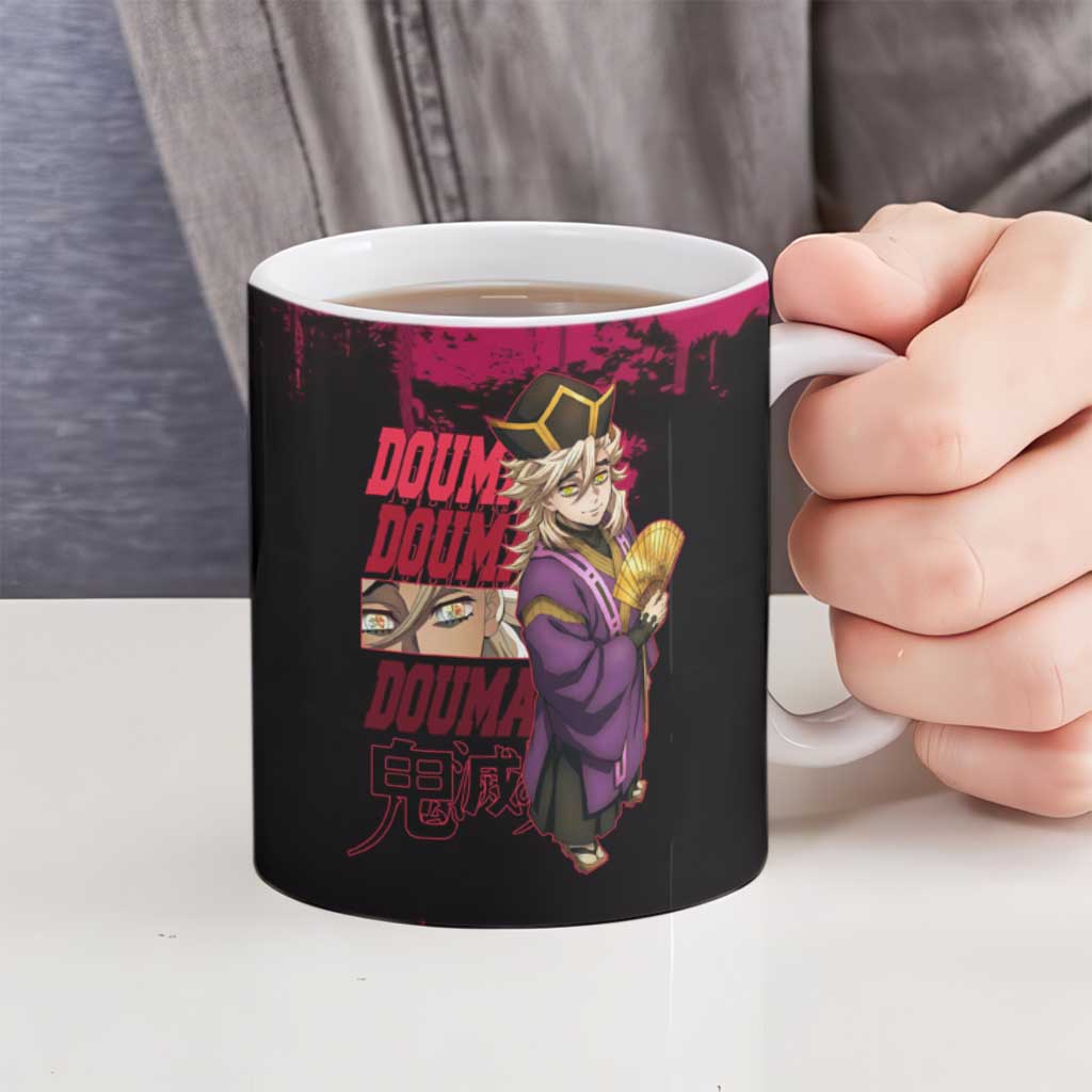 Douma Demon Slayer Red Grunge Design Ceramic Mug with Fan Pose and Piercing Eyes Detail - The Mazicc