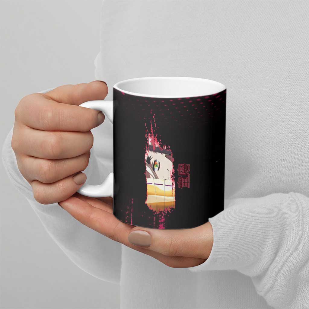 Douma Demon Slayer Red Grunge Design Ceramic Mug with Fan Pose and Piercing Eyes Detail - The Mazicc