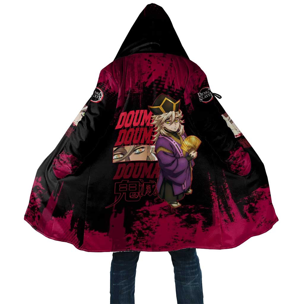 Douma Demon Slayer Red Grunge Design Cloak with Fan Pose and Piercing Eyes Detail - The Mazicc