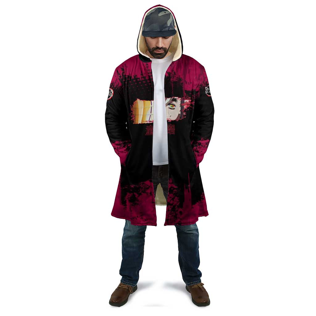 Douma Demon Slayer Red Grunge Design Cloak with Fan Pose and Piercing Eyes Detail - The Mazicc