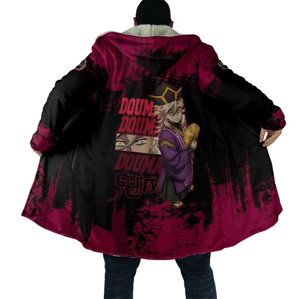 Douma Demon Slayer Red Grunge Design Cloak with Fan Pose and Piercing Eyes Detail - The Mazicc