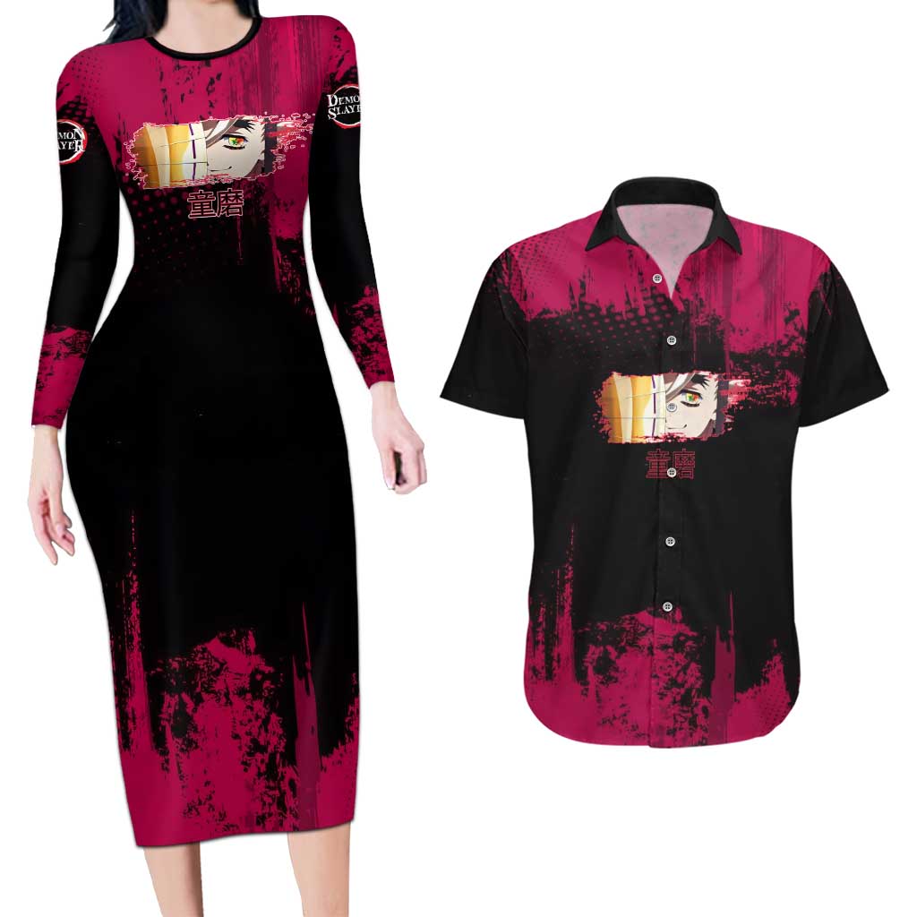 Douma Demon Slayer Red Grunge Design Couples Matching Long Sleeve Bodycon Dress and Hawaiian Shirt with Fan Pose and Piercing Eyes Detail - The Mazicc