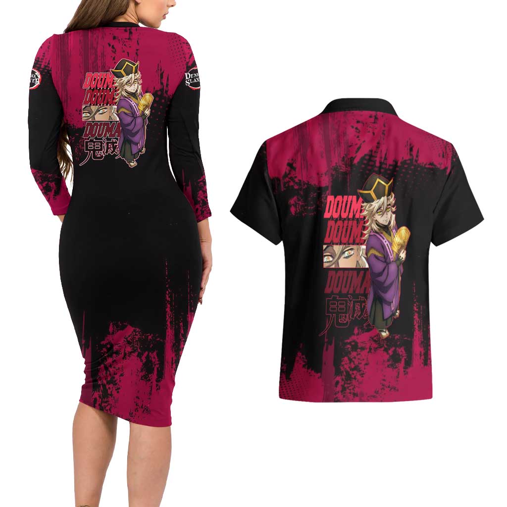 Douma Demon Slayer Red Grunge Design Couples Matching Long Sleeve Bodycon Dress and Hawaiian Shirt with Fan Pose and Piercing Eyes Detail - The Mazicc