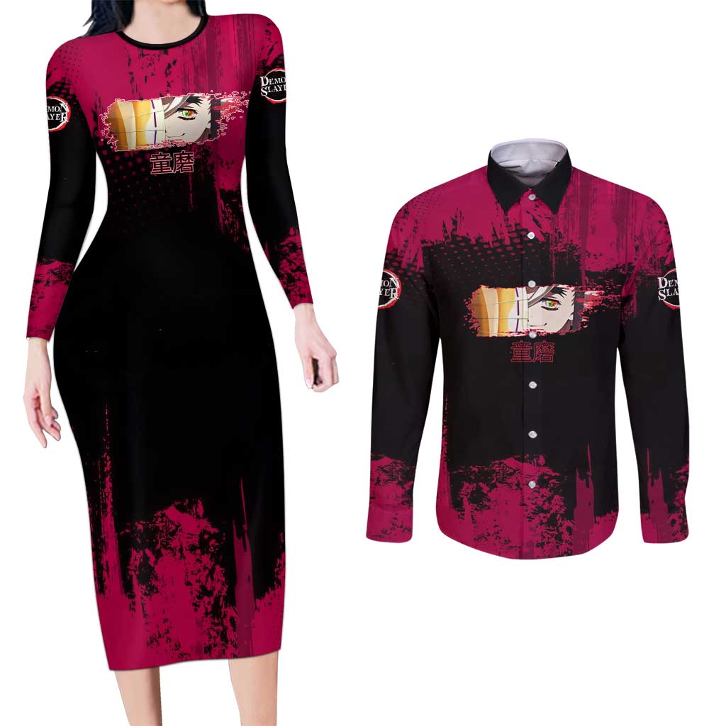 Douma Demon Slayer Red Grunge Design Couples Matching Long Sleeve Bodycon Dress and Long Sleeve Button Shirt with Fan Pose and Piercing Eyes Detail - The Mazicc