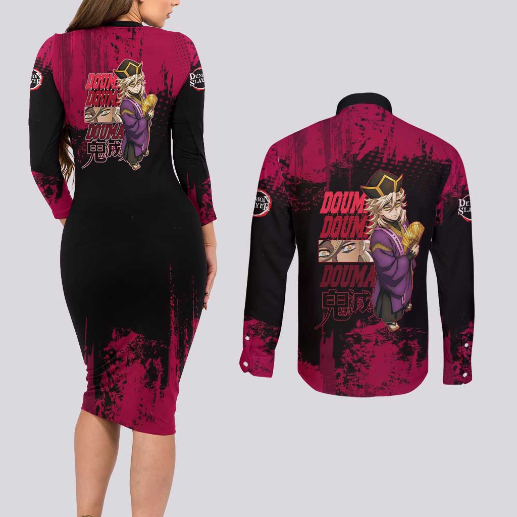 Douma Demon Slayer Red Grunge Design Couples Matching Long Sleeve Bodycon Dress and Long Sleeve Button Shirt with Fan Pose and Piercing Eyes Detail - The Mazicc