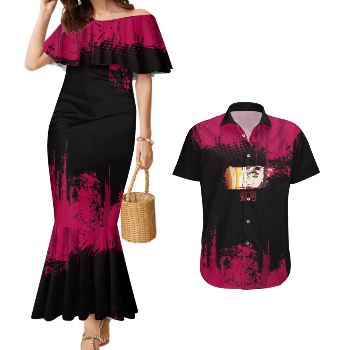 Douma Demon Slayer Red Grunge Design Couples Matching Mermaid Dress and Hawaiian Shirt with Fan Pose and Piercing Eyes Detail - The Mazicc