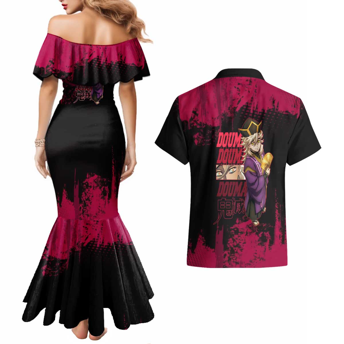 Douma Demon Slayer Red Grunge Design Couples Matching Mermaid Dress and Hawaiian Shirt with Fan Pose and Piercing Eyes Detail - The Mazicc