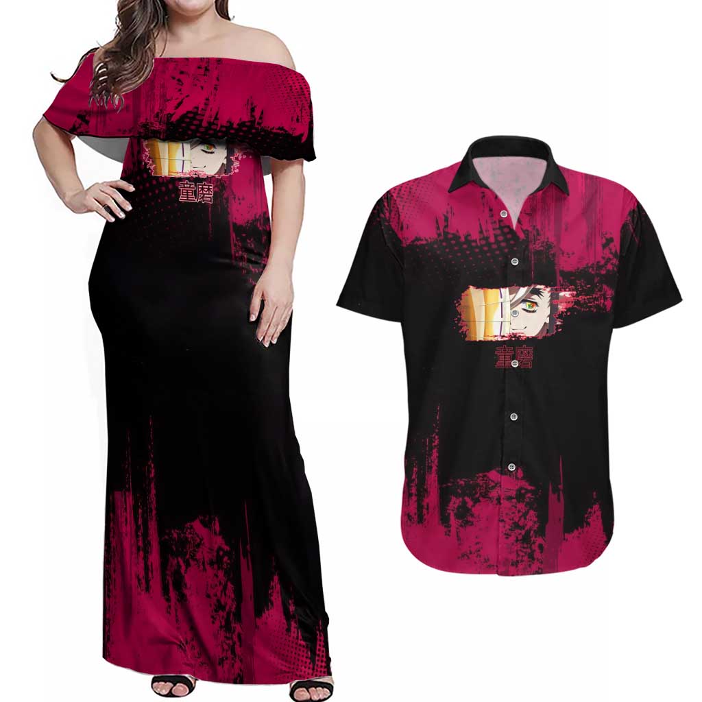 Douma Demon Slayer Red Grunge Design Couples Matching Off Shoulder Maxi Dress and Hawaiian Shirt with Fan Pose and Piercing Eyes Detail - The Mazicc