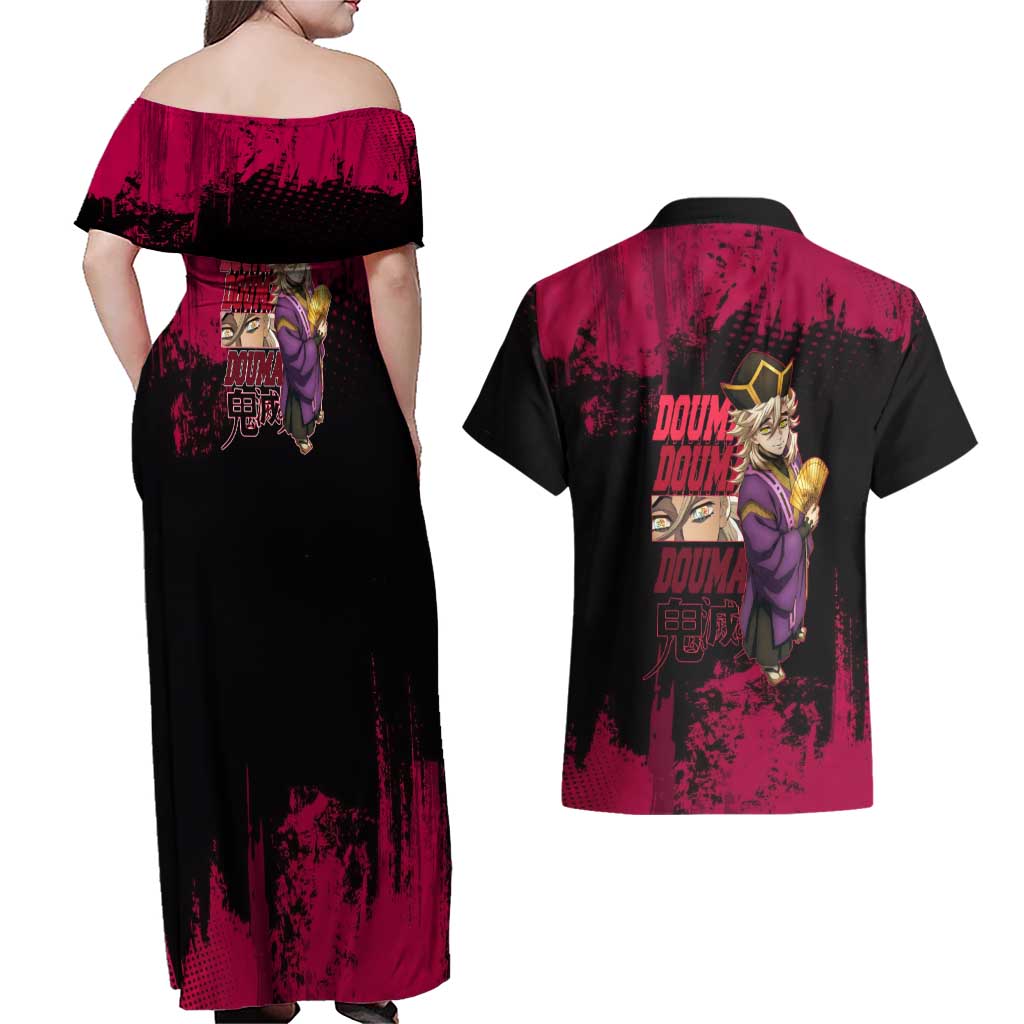 Douma Demon Slayer Red Grunge Design Couples Matching Off Shoulder Maxi Dress and Hawaiian Shirt with Fan Pose and Piercing Eyes Detail - The Mazicc