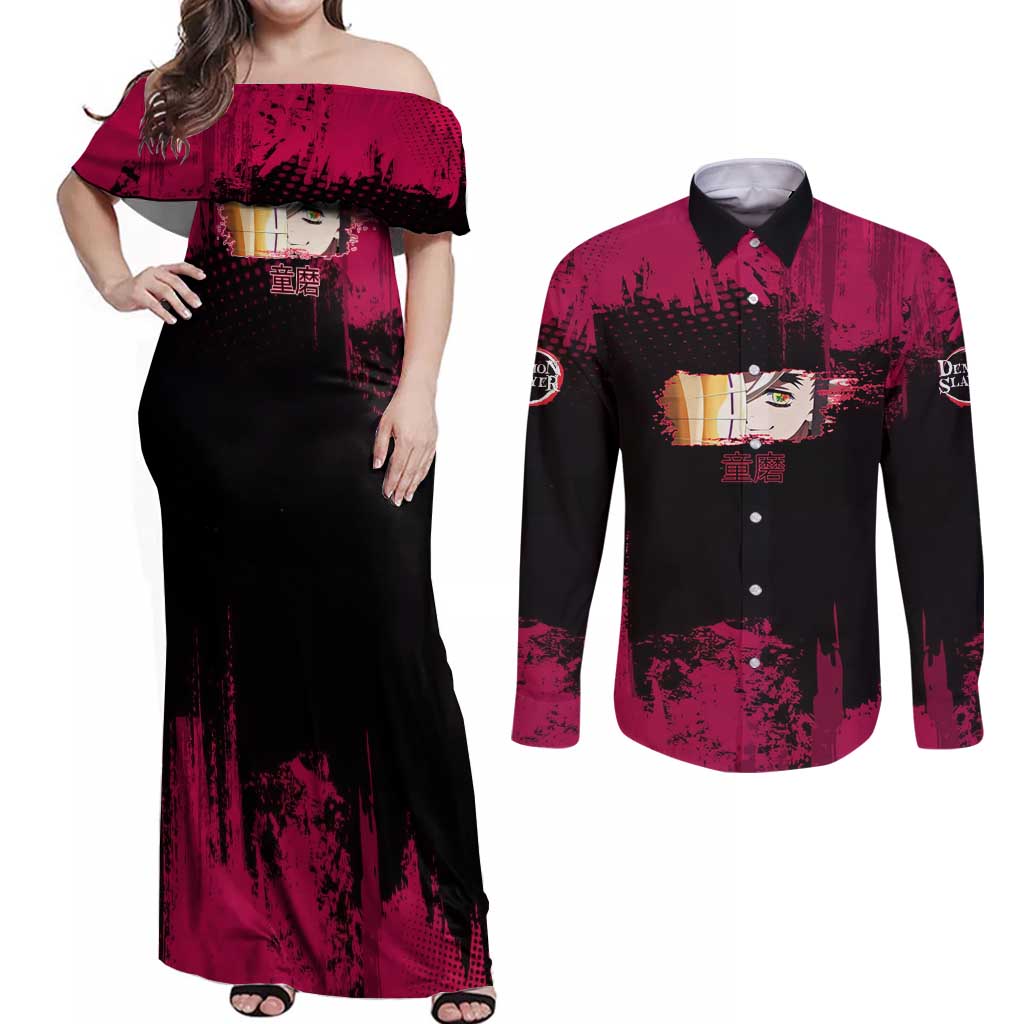 Douma Demon Slayer Red Grunge Design Couples Matching Off Shoulder Maxi Dress and Long Sleeve Button Shirt with Fan Pose and Piercing Eyes Detail - The Mazicc