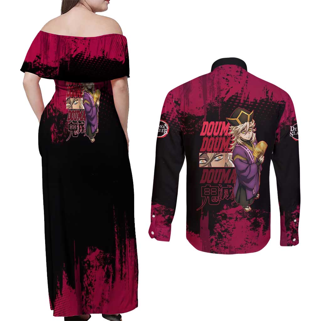 Douma Demon Slayer Red Grunge Design Couples Matching Off Shoulder Maxi Dress and Long Sleeve Button Shirt with Fan Pose and Piercing Eyes Detail - The Mazicc